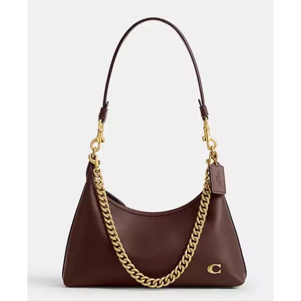 Coach Cary Shoulder Bag Dark Stone Leather Gold Chain CC Logo CJ829